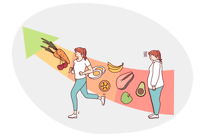 Woman change training and eating healthy food  Illustration