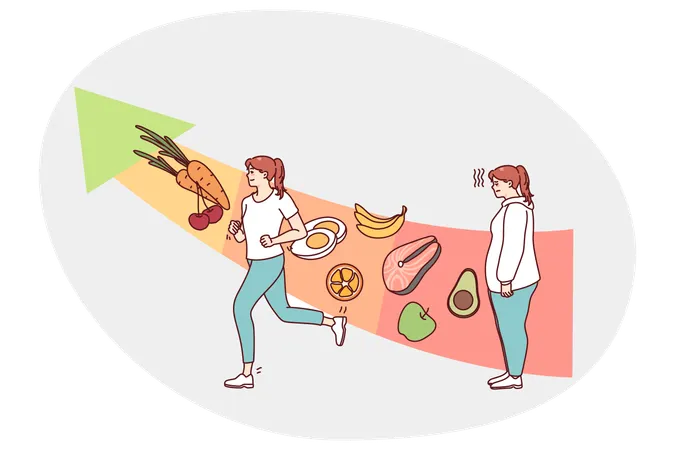 Woman change training and eating healthy food  Illustration