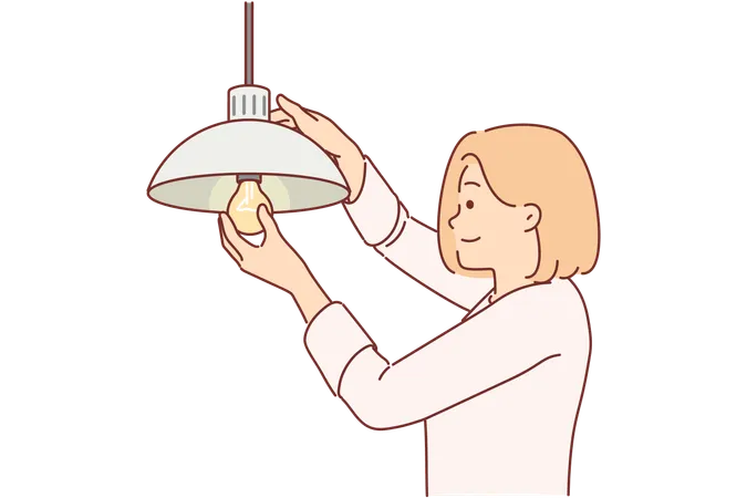 Woman Independently Changes Burned Out Light Bulb In Order To Achieve High Quality Lighting In House Girl With Smile Inserts Light Bulb Into Chandelier Hanging Under Ceiling Without Help Electrician Illustration