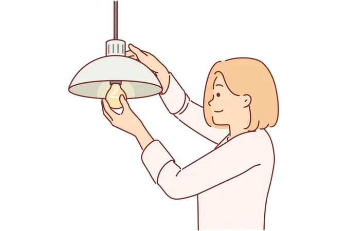 Woman changes light bulb in house  Illustration