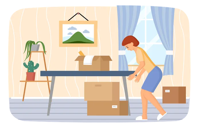 Woman Moving To New House Puts Her Things In Cardboard Boxes Removal Change Of Place Of Residence Relocation Person Packs Things To Shipping Rental Of Premises Moving To New Apartment Illustration