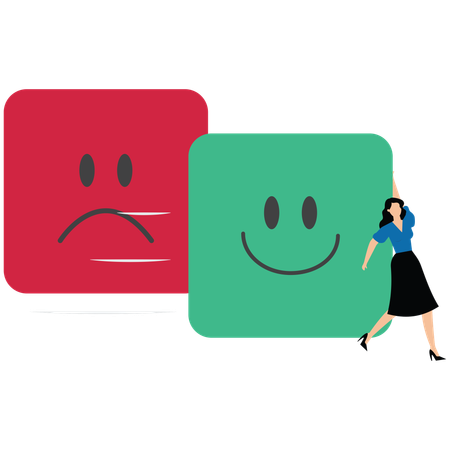 Woman changing from sad expression face into happy expression face  Illustration