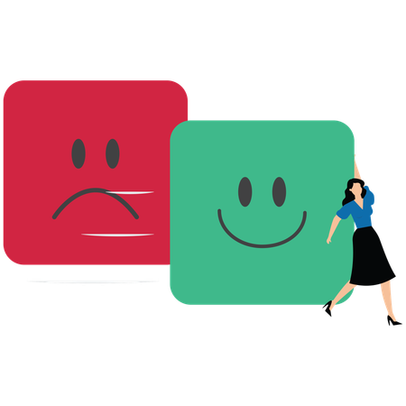 Woman changing from sad expression face into happy expression face  Illustration