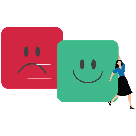 Woman changing from sad expression face into happy expression face  Illustration