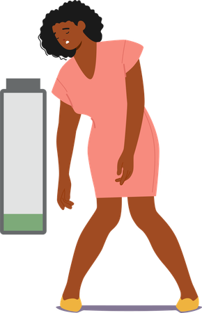 Woman Character In  Pink Dress With  Low Energy Battery  Illustration