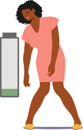 Woman Character In  Pink Dress With  Low Energy Battery  Illustration