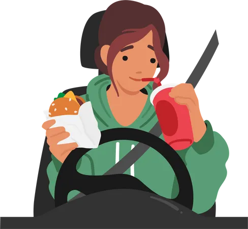 Dangerous Unsafe Behavior Of Woman Character Eating While Driving Jeopardizing Her Safety And That Of Others On The Road Lead To Distraction And Potential Accident Cartoon People Vector Illustration 일러스트레이션