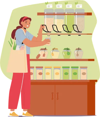 Woman Character With Eco Bag Purchases Sustainable Products In Market Store  Illustration