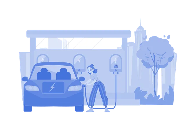 Woman Charges Electric Car At The Power Center  Illustration