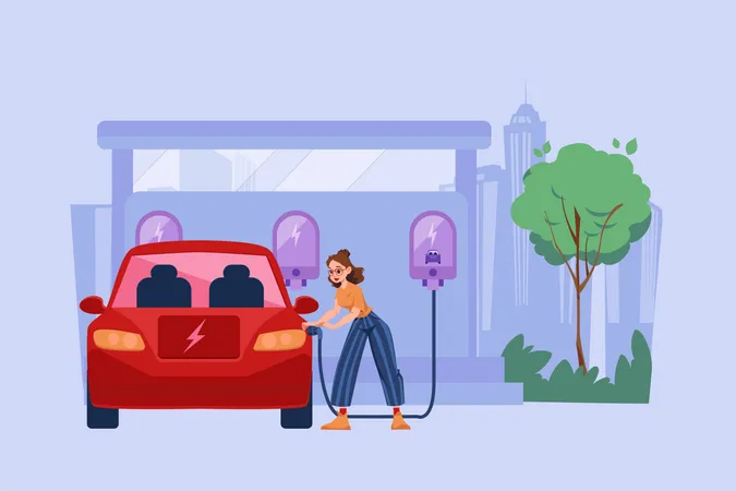 Woman Charges Electric Car At The Power Center Illustration