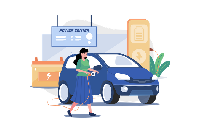 Woman Charges Electric Car At The Power Center  Illustration