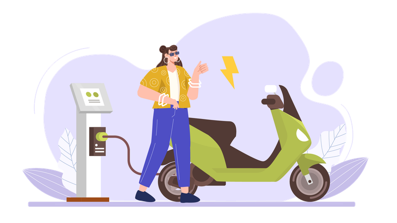 Woman charges her electric bike at EV station  Illustration