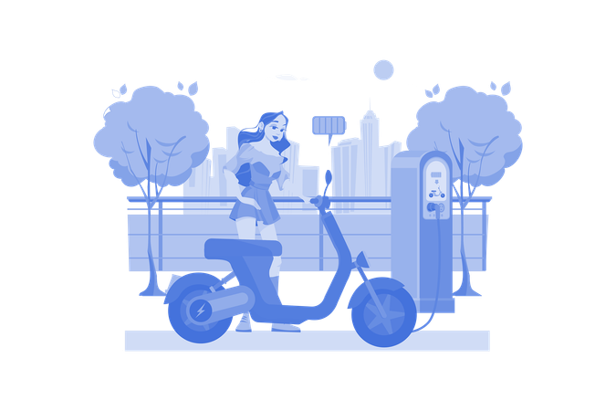 Woman Charges The Electric Bike At Electronic Vehicle Center  Illustration