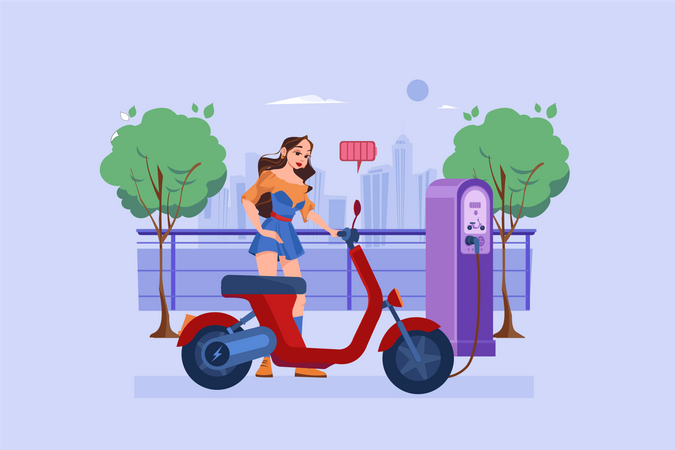 Woman Charges The Electric Bike At Electronic Vehicle Center Illustration