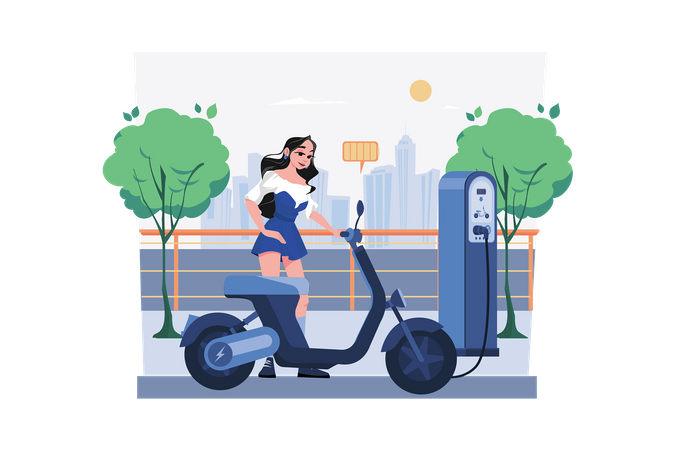 Woman Charges The Electric Bike At Electronic Vehicle Center  Illustration