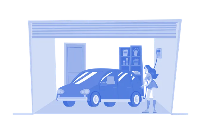 Woman Charging An Electric Car At Home  Illustration