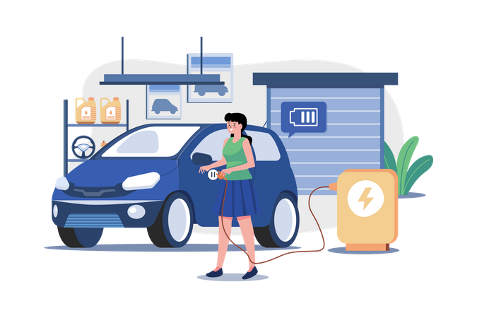 Woman Charging An Electric Car At Home Illustration