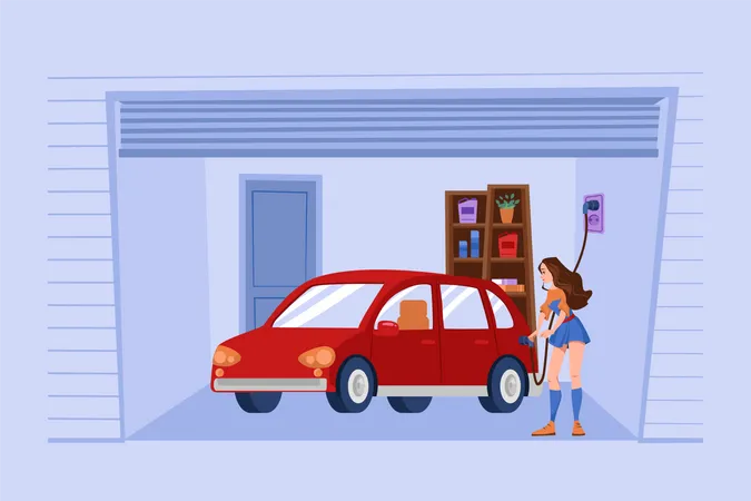 Woman Charging An Electric Car At Home Illustration