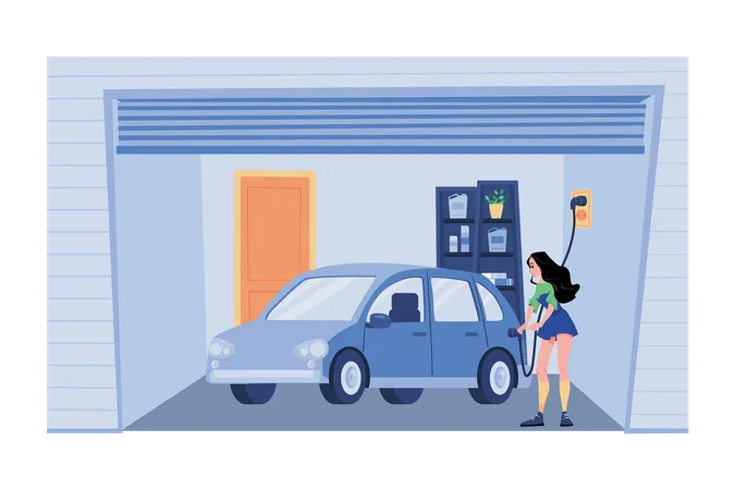 Woman Charging An Electric Car At Home  Illustration