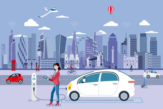 Woman Charging an electric car in a London street with people walking and the City Skyline at the background Illustration