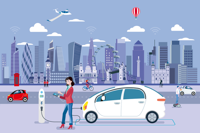 Woman Charging an electric car in a London street with people walking and the City Skyline at the background  Illustration