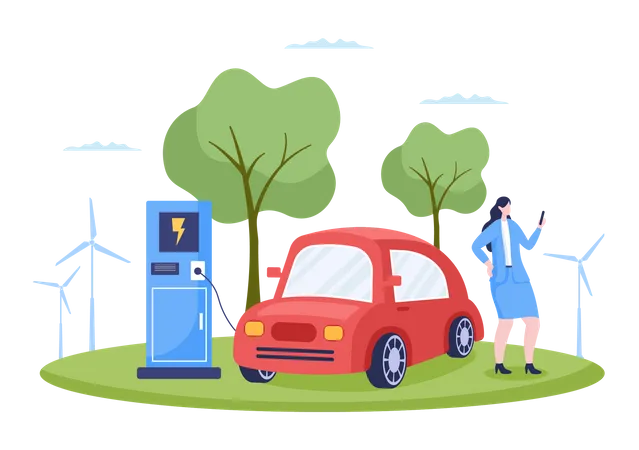 Charging Electric Car Batteries With The Concept Of Charger And Cable Plugs That Use Green Environment Ecology Sustainability Or Clean Air Vector Illustration Illustration