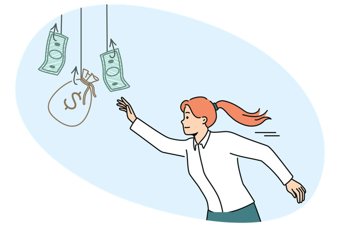 Woman chasing money hanging on hook while wanting easy money and risking falling into trap  Illustration