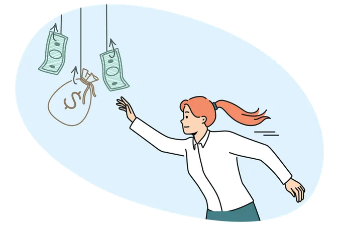 Woman chasing money hanging on hook while wanting easy money and risking falling into trap  Illustration