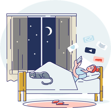 Woman chat in social media using smart phone lying in bed at night before sleeping  Illustration