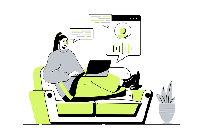 \Woman chatting and speaking with artificial intelligence voice agent from technical support service  Illustration