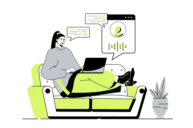 \Woman chatting and speaking with artificial intelligence voice agent from technical support service  Illustration