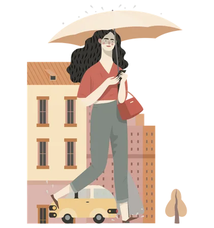 Woman chatting on phone while holding umbrella Illustration