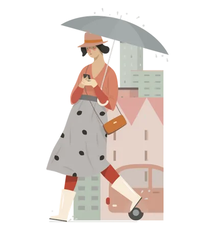 Woman chatting on phone while holding umbrella Illustration