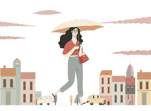 Woman chatting on phone while holding umbrella  Illustration