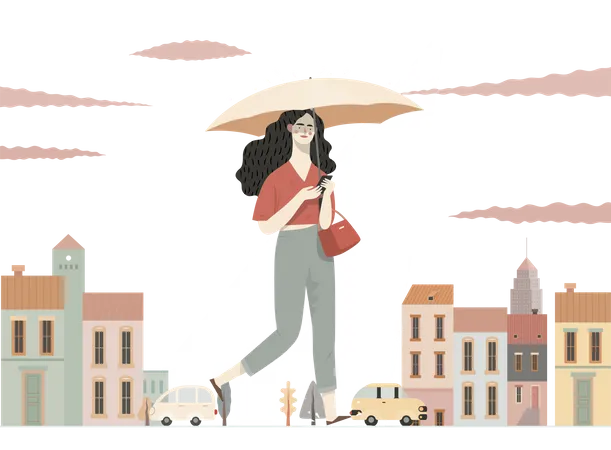 Woman chatting on phone while holding umbrella  Illustration