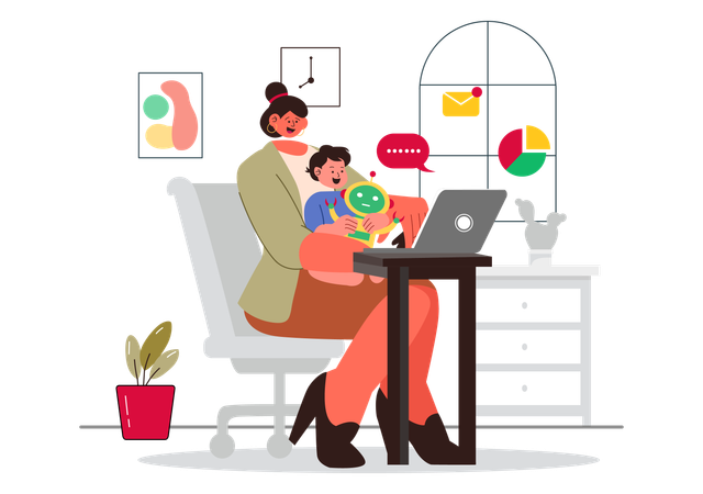 Woman chatting online while managing baby  Illustration