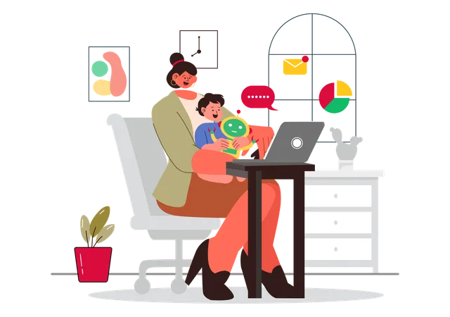 Woman chatting online while managing baby  Illustration