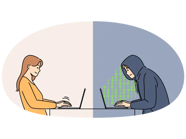 Woman chatting online with male scammer  Illustration
