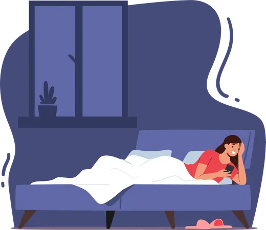 Woman chatting with friends while bed time Illustration