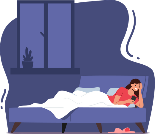Woman chatting with friends while bed time  Illustration