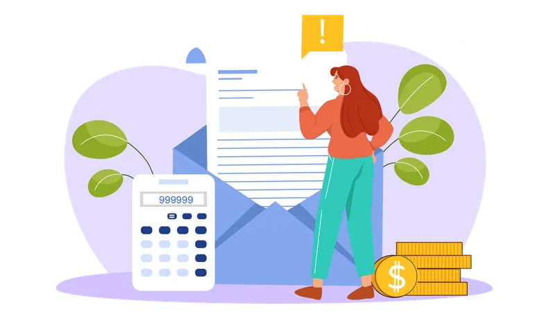 Woman check payment mail  Illustration