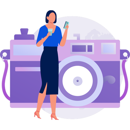 Woman checking camera photo using mobile  Illustration