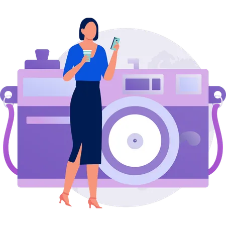 Woman checking camera photo using mobile  Illustration