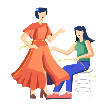 Woman checking dress fitting at tailor  Illustration