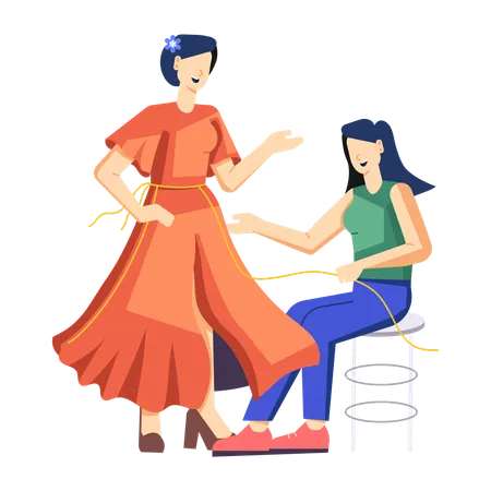 Woman checking dress fitting at tailor  Illustration