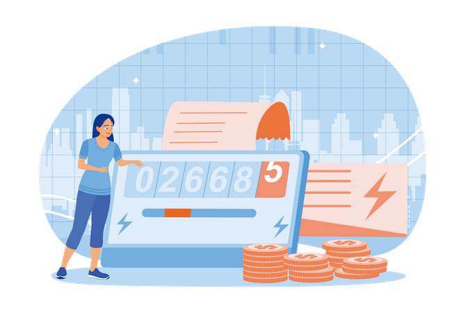 Woman Checking Electricity Meter And Calculates Electricity Bill  Illustration