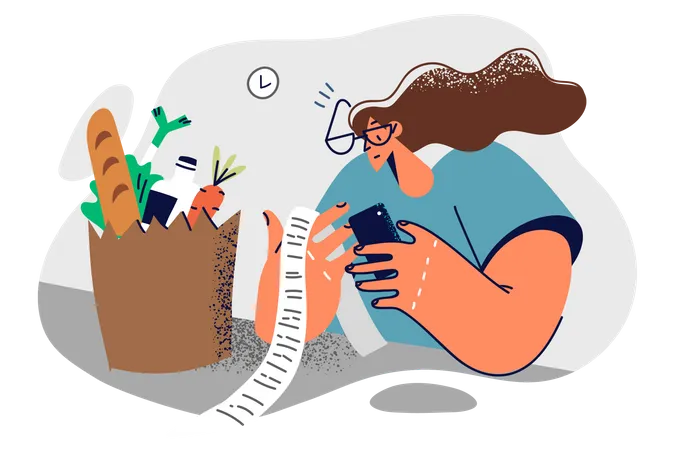 Woman checking grocery list  Illustration