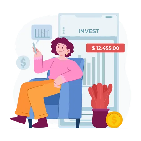 Woman checking investment graph on mobile  Illustration
