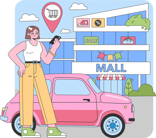 Woman checking mall location on mobile  Illustration