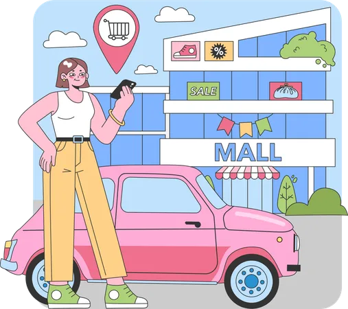 Woman checking mall location on mobile  Illustration